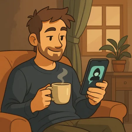 Čovek sa bradom udobno sedi u fotelji, drži šolju steaming kafe u jednoj ruci i pametan telefon u drugoj. Smeši se dok gleda u ekran, na kojem se prikazuje anonimna silueta. Unutrašnja atmosfera je topla, sa biljkom, zavesom i prozorom u pozadini.