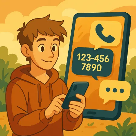 Mlad muškarac sa osmehom u dukserici koristi svoj pametni telefon, sa velikim ekranom telefona u pozadini koji prikazuje ikonu poziva i fiktivni broj telefona (123-456-7890), u stilizovanom i toplom spoljašnjem ambijentu.