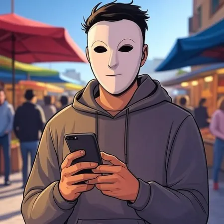 Mladić animiranog stila nosi beli masku i sivi duksericu, gleda svoj telefon na otvorenom tržištu.