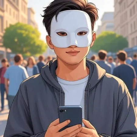 Mladić s animiranim stilom nosi beli masku i sivu duksericu, gleda u kameru dok drži pametan telefon na prometnoj ulici.