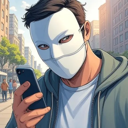 Čovek u beloj maski i dukserici gleda svoj mobilni telefon na ulici grada. Slika je urađena u stilu crtanog filma ili strip.