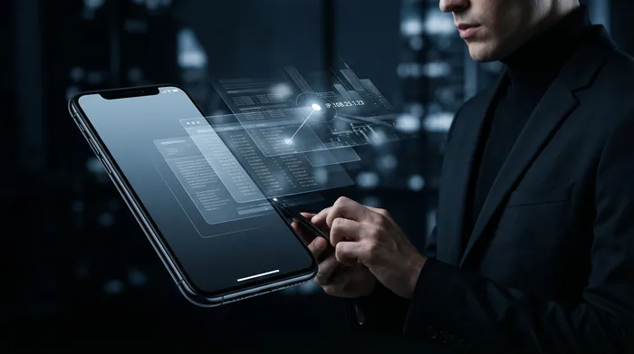 Dva pametna telefona jedan pored drugog na stolu, povezana svijetlećom digitalnom mrežom koja simbolizuje prenos podataka između uređaja.