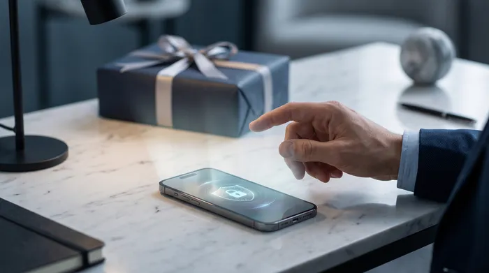 Ruka koja drži pametni telefon prikazujući interfejs za razmjenu poruka sa preklopljenim tehnološkim grafičkim elementima, uključujući katanac, kola i telefonski broj, ilustrujući mobilnu bezbjednost i digitalne komunikacije.