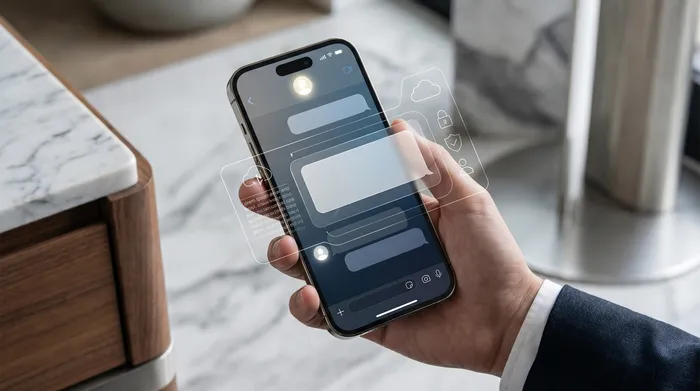Pametni telefon postavljen na stolu pored laptopa, prikazujući digitalne ikone za geolokaciju u proširenoj stvarnosti.