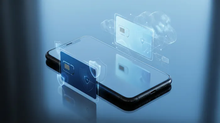 Ruka koja drži pametni telefon prikazujući moderni holografski interfejs za razmjenu poruka sa oblačićima za ćaskanje i ikonama bezbjednosti.