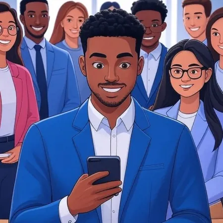 Ilustracija mladog crnog poslovnog čoveka koji se smeška dok gleda svoj pametan telefon, sa svojim timom u pozadini.