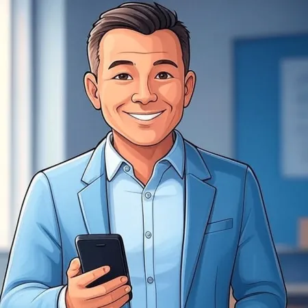 Ilustracija nasmejanog poslovnog čoveka u plavom odelu kako drži pametan telefon.