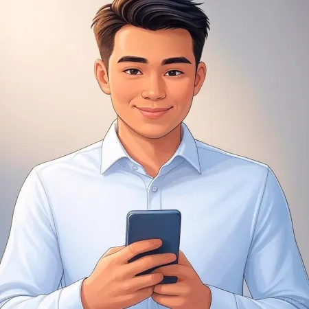 Ilustracija srećnog poslovnog čoveka u plavom odelu koji drži pametan telefon.