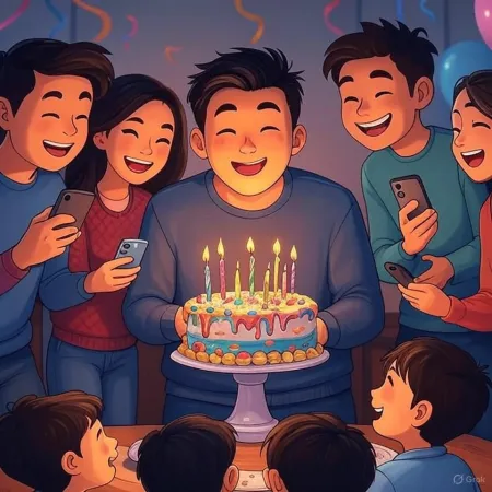 Ilustracija rođendana gdje muškarac s osmijehom drži tortu ukrašenu sa svjećicama, okružen prijateljima i bližnjima koji slikaju svojim telefonima.