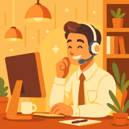 Ilustracija nasmejanog muškarca sa slušalicama koji radi na desktop računaru u toplom i udobnom okruženju sa biljkama i šoljom kafe